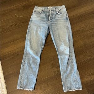 Agolde Riley Straight Blue Denim Organic Cotton Frayed Jeans